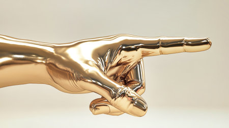 A shiny metallic hand dramatically toward points a dollar sign, capturing a defiant attitude about wealth and value in a clean, contemporary context.の素材
