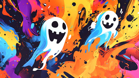Colorful graffiti-inspired ghosts and pumpkins swirl together in a dynamic Halloween-themed abstract background filled with energy and bold colors.の素材