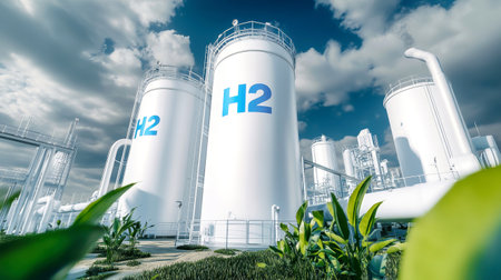 A striking hydrogen production factory features shiny white cylindrical tanks adorned with blue H2 lettering, surrounded by lush green leaves in a radiant daylight setting.の素材