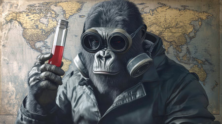 A powerful gorilla in a gas mask presents a test tube filled with red liquid, set against a shadowy world map, highlighting global health concerns.の素材