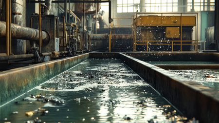 Water splashes as the machine cleans metal parts, promoting waste recycling while ensuring a sustainable approach to industrial operations and resource management.の素材