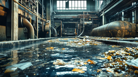 Broken glass is being cleaned in an industrial washing machine, while food waste floats on the surface, illustrating the recycling process in action.の素材