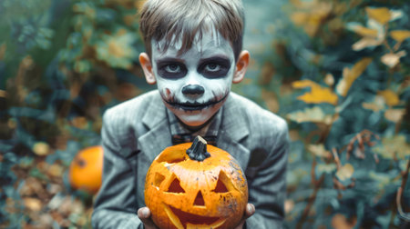 A happy young boy, dressed in a gray suit and sporting spooky zombie makeup, showcases his carved pumpkin amidst a colorful autumn setting.の素材