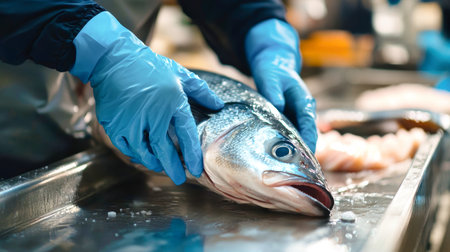 A dedicated worker in blue gloves skillfully prepares a large sea bass, carefully cutting its tail to ensure high-quality meat for production.の素材