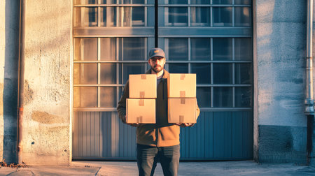 A man holds multiple cardboard boxes in a modern warehouse setting, illuminated by soft evening light, representing a professional delivery service and hard work.の素材