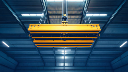 A yellow lifting block hangs from a modern crane, suspended from the steel roof frame of a spacious hangar, highlighting minimalistic design.の素材