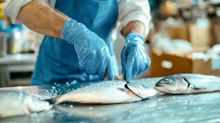 A worker in a vibrant blue plastic apron and rubber gloves skillfully prepares fish at a factory, showcasing meticulous craftsmanship in sunlight.の素材