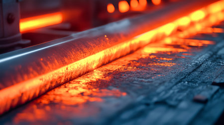 A vibrant steel bar radiates orange and red hues while undergoing rolling in a heavy industry plant, set against a dark gray backdrop.の素材