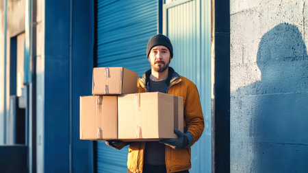 Standing confidently with three cardboard boxes, the worker exudes professionalism while surrounded by sleek warehouse aesthetics and dynamic lighting.の素材