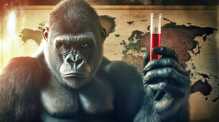 A large gorilla curiously holds a test tube with red liquid, set against a dark-toned world map, symbolizing the intersection of nature and health crises.の素材