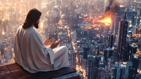 Perched atop a skyscraper, Jesus contemplates the glowing city below, ablaze from a nuclear explosion, as he reaches out with open hands in a moment of deep reflection.の素材