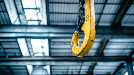 A striking yellow crane hook hangs from a gray steel frame, ready for lifting tasks in a spacious warehouse filled with industrial ambiance.の素材