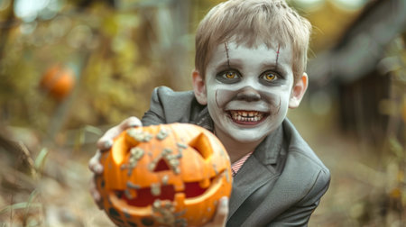 A cheerful boy adorned with spooky zombie face paint and a stylish gray suit beams as he holds a carved pumpkin, fully embracing the Halloween spirit.の素材