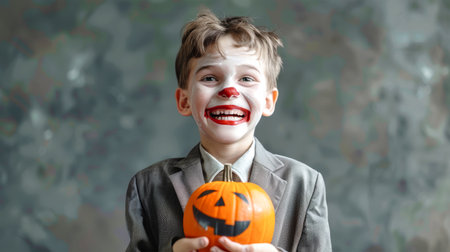 A joyful boy with zombie face paint and a gray suit beams while holding a carved pumpkin, celebrating Halloween with playful excitement in a studio.の素材