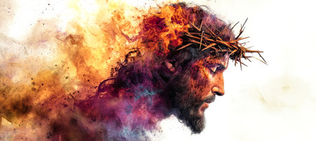 A mesmerizing figure of Jesus enveloped in flames and smoke, adorned with a crown of thorns, portrayed with vivid colors on a contrasting background.の素材