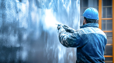 A worker in a jacket carefully applies powder paint to a metal surface using a spray gun in a contemporary factory setting.の素材