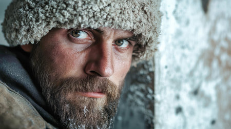 This rugged figure, a prisoner in a winter hat, reflects strength and determination, embodying the harsh conditions of a Soviet labor camp.の素材