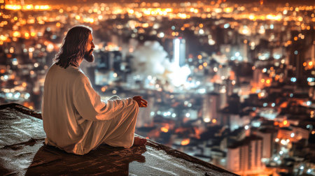 Perched atop a skyscraper, Jesus Christ gazes thoughtfully over a city ablaze, illuminated by countless lights, arms outstretched in serene contemplation.の素材