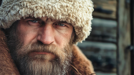 This striking portrait showcases a Soviet man with a thick beard, wearing a warm hat, capturing the essence of resilience and the harshness of camp life in winter.の素材