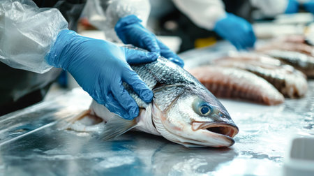 A dedicated worker, clad in protective gear, expertly cuts the tail off a large sea bass, showcasing the meticulous process of fish preparation.の素材
