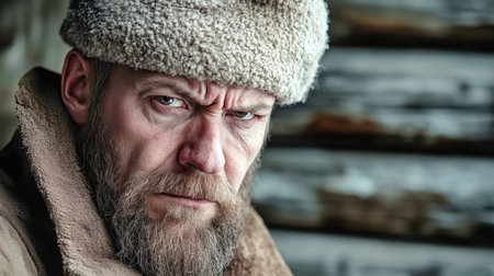 In a rustic setting, a bearded man in a warm winter hat stars fervently, his expression reflecting the hardships of camp life during a cold winter.の素材
