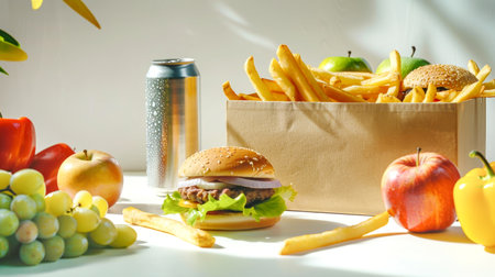 Assorted fast food items and fresh fruits create an inviting scene perfect for a casual gathering among friends or family.の素材