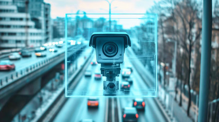 A security camera captures the bustling activity of cars navigating a busy highway bridge, framed in striking blue-gray tones with a blurred backdrop.の素材