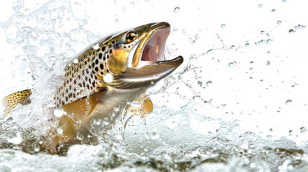 A stunning trout jumps from the water, mouth wide open, sending droplets splashing in all directions against a pristine white backdrop.の素材
