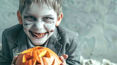 A joyful boy dressed in a gray suit and zombie face paint holds a carved pumpkin, exuding Halloween spirit in a lively studio atmosphere.の素材