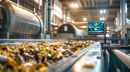Water cascades over industrial washing machines, rinsing dirt off waste as it travels along the conveyor belt in a bright, modern facility.の素材
