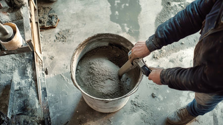 The worker diligently blends the cement solution using an electric mixer, creating a smooth and consistent texture in the bucket on the construction site.の素材