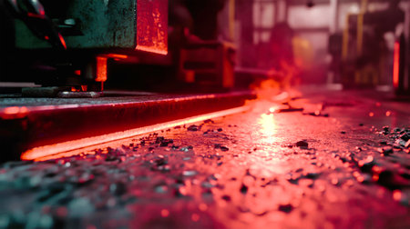A hot steel bar is immersed in the shop floor, illuminating the surroundings with a fiery red glow against the rustic backdrop of metalworking.の素材