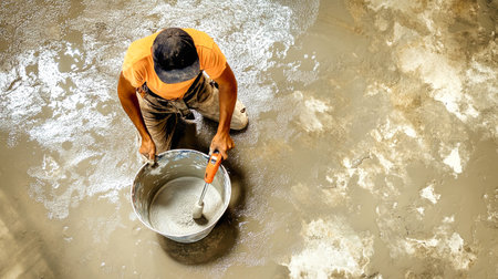 A construction worker focuses on mixing mortar with an electric drill, creating a smooth solution in a large bucket atop a pristine concrete floor.の素材