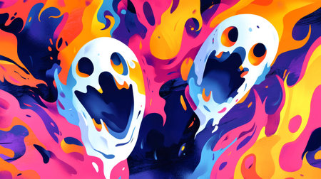 A dynamic backdrop bursts with colorful graffiti-style ghosts and pumpkins, creating an energetic Halloween vibe with bold brush strokes and contrasting colors.の素材