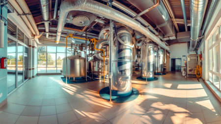 Inside a contemporary air source heat pump facility, steel pipes weave through the space, illuminating the intricate ventilation system in soft sunlight.の素材