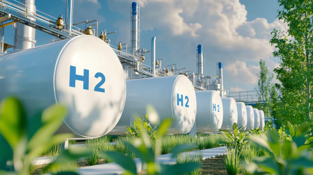 A modern hydrogen production facility showcases gleaming H2 tanks, surrounded by pipelines and greenery, all set against a blue sky with industrial elements.の素材