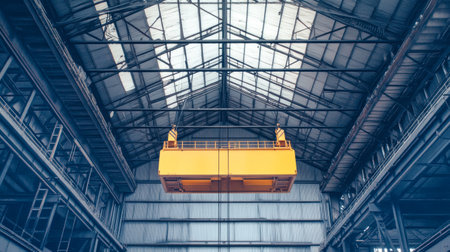 A yellow lifting block hangs from the overhead crane in a minimalistic hangar, showing its modern design against the industrial backdrop.の素材