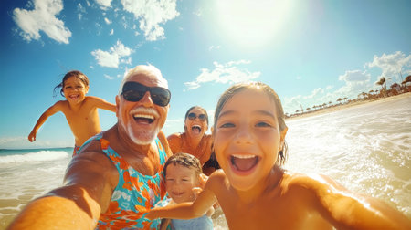 A vibrant Latino family frolics in the surf, capturing smiles and playful moments as grandparents and children share a sunny day at the beach.の素材