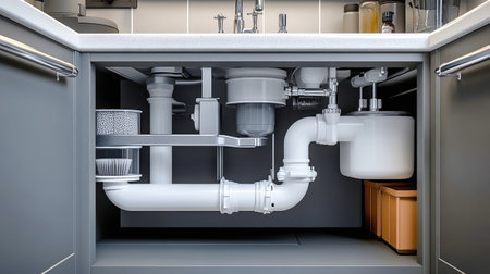 An open under-sink cabinet reveals a complex arrangement of pipes and filters in a clean, gray interior, showing practical kitchen design elements in detail.の素材