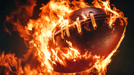 A rugby ball engulfs in vibrant flames against a black backdrop, creating a striking contrast and inviting creative reflections on sports and energy.の素材