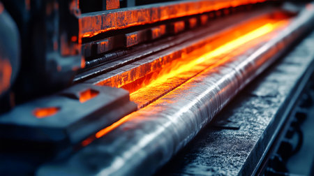 A glowing steel bar vibrates on the rolling line, illuminating the dark surroundings with intense orange and red hues, showcasing heavy industrial activity.の素材