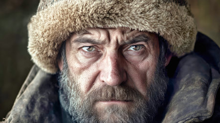 With piercing eyes and a weathered face, a bearded man dons a heavy winter hat, showing the struggles of camp life during a cold winter day.の素材