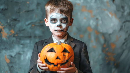 A boy dressed up in a suit showcases his zombie face paint while holding a carved pumpkin, perfectly capturing the spirit of Halloween.の素材