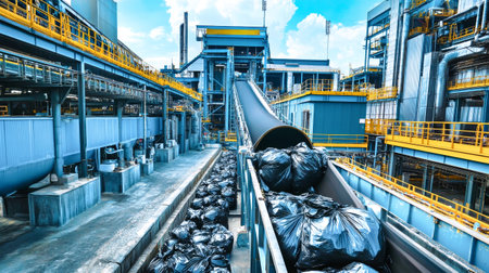 Bags of waste move along a conveyor belt towards a recycling facility, highlighting modern technology in waste management and sustainability efforts.の素材