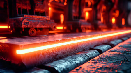 Steel beams are aligned on the hot-rolling mill, glowing crimson as they undergo transformation in the warmth of the industrial environment.の素材