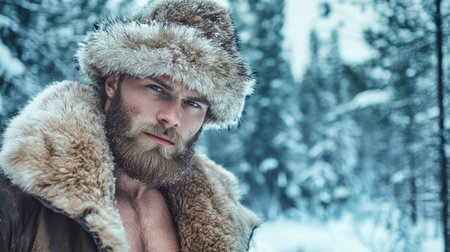 A rugged Russian man with a thick beard wears a fur hat and sheepskin coat, exuding strength and warmth amidst the serene snowy taiga landscape.の素材