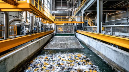 Heavy machinery flushes debris while nets capture waste, showcasing the recycling efforts at a busy wastewater treatment facility.の素材