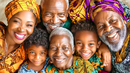A multigenerational African family joyfully embraces in colorful traditional atmosphere, showcasing love, unity, and the beauty of their heritage.の素材