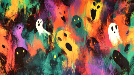 Spooky ghosts and cheerful pumpkins dance playfully on a vivid graffiti backdrop, capturing the essence of Halloween in a bold, artistic expression.の素材