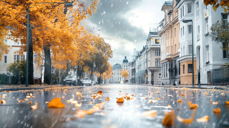 Strong winds and torrential rain flood the streets of a charming European city, blending urban architecture with the vibrant colors of autumn leaves.の素材